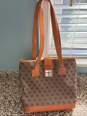 Dooney & Bourke Brown Monogram Tote with Tan Leather Trim
